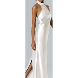 AW BRIDAL 0 XS Ivory satin halter Mugwort prom formal party maxi dress NEW B117